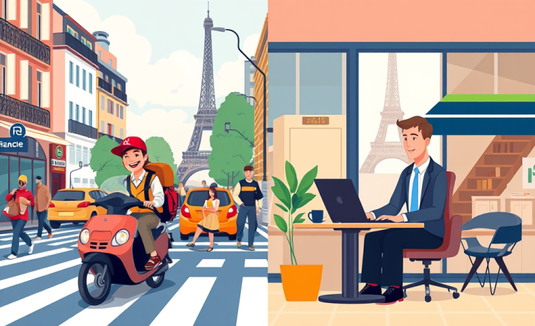 Un chauffeur au volant, représentant le choix entre être autonome ou en CDI, avec les symboles de flexibilité et de sécurité financière.