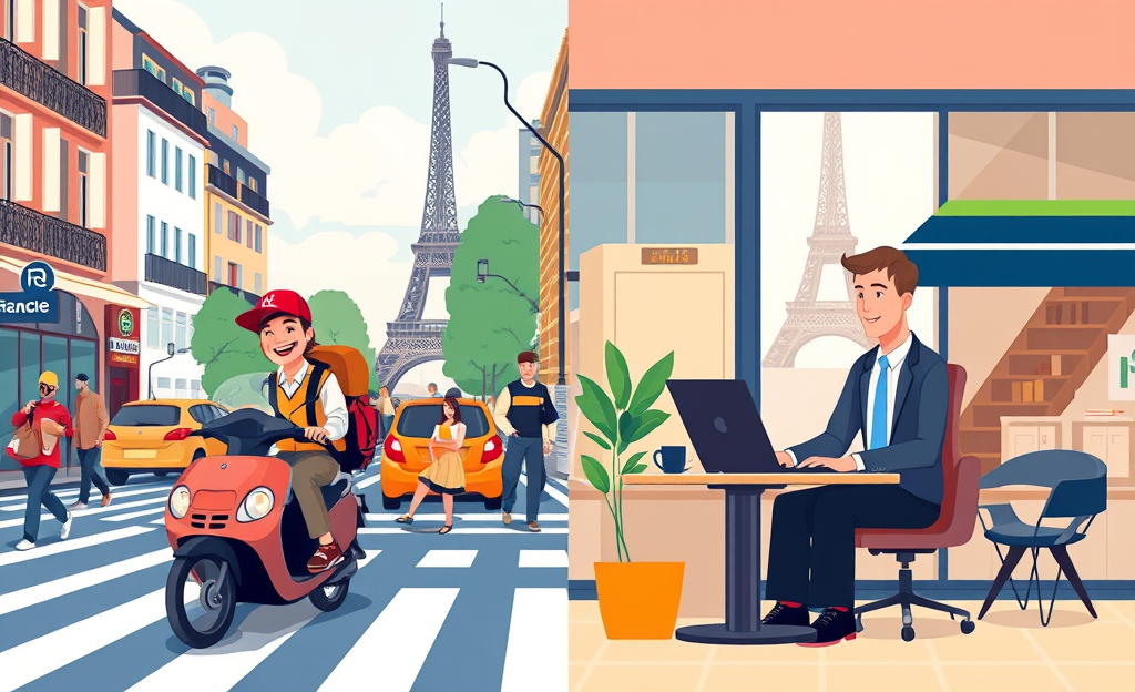 Un chauffeur au volant, représentant le choix entre être autonome ou en CDI, avec les symboles de flexibilité et de sécurité financière.