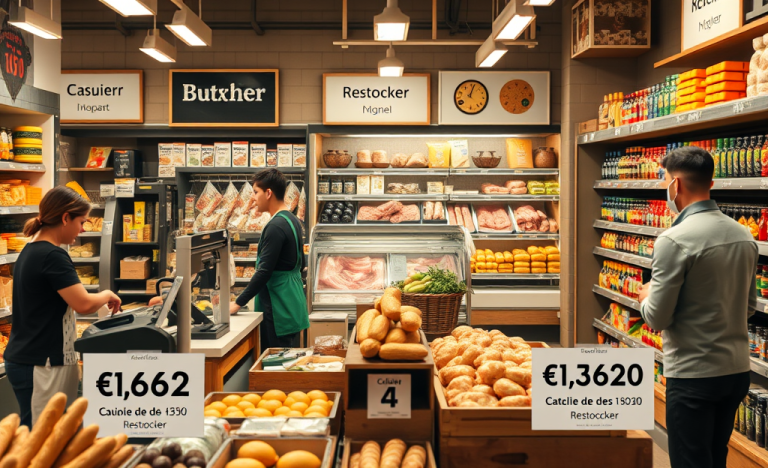 Illustration des différentes moyennes salariales pour les réapprovisionneurs, caissiers et bouchers.