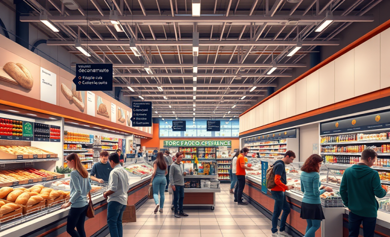 Vue intérieure d'un grand supermarché avec différentes sections, montrant la variété des services et produits disponibles pour les clients.