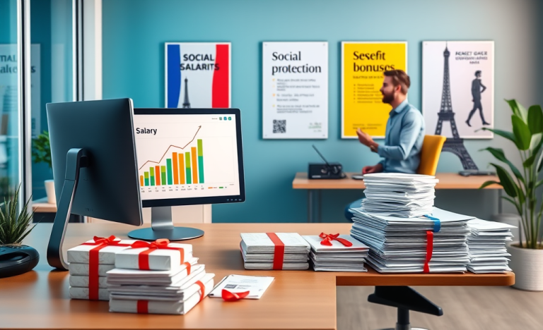 Image illustrant les avantages salariaux d'une entreprise avec des icônes de primes et avantages sociaux