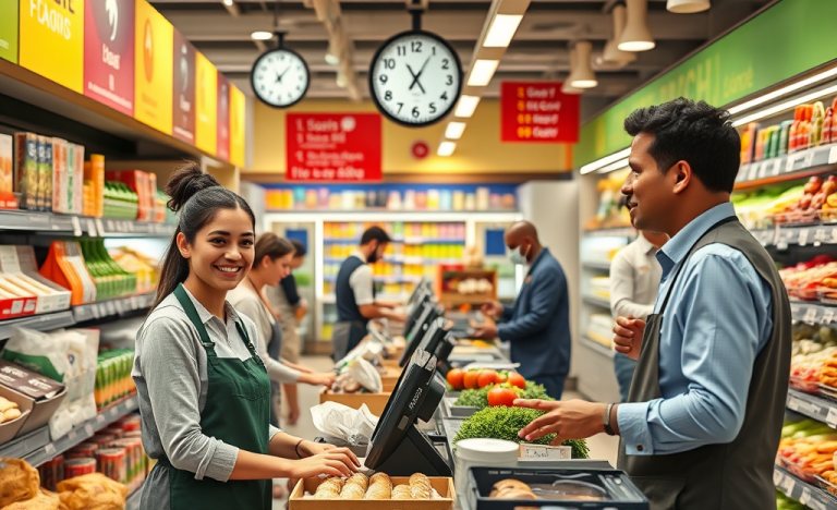 Employé de supermarché organisant les rayons, représentant les horaires de travail et les salaires.