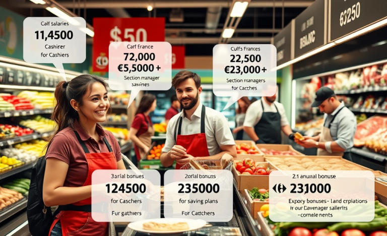 Image montrant des employés de supermarché discutant des salaires et des avantages.