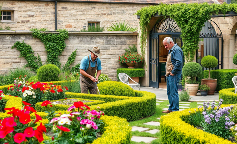 Un jardinier professionnel travaillant dans un jardin, illustrant les services d'entretien et d'embellissement offerts par les entreprises de jardinage.