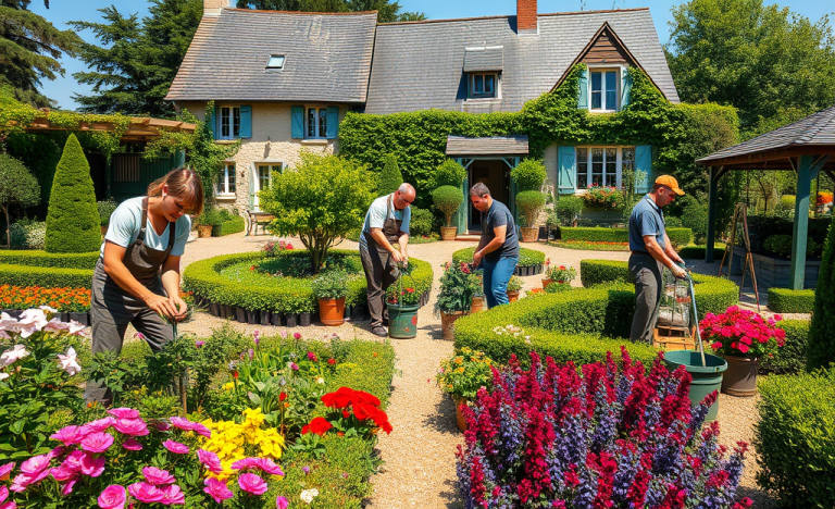 Illustration d'un jardinier travaillant dans un espace vert, représentant les opportunités d'emploi en jardinage avec de bons avantages.