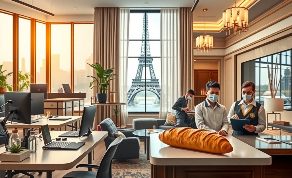 Illustration d'un service de nettoyage professionnel en action, montrant des agents d'entretien travaillant dans un environnement commercial, résidentiel et hôtelier.