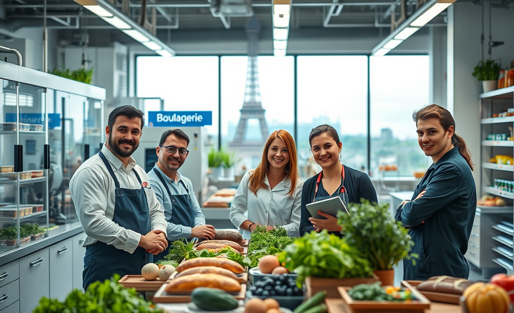 Un groupe de professionnels de l'industrie alimentaire discutant dans une usine moderne.