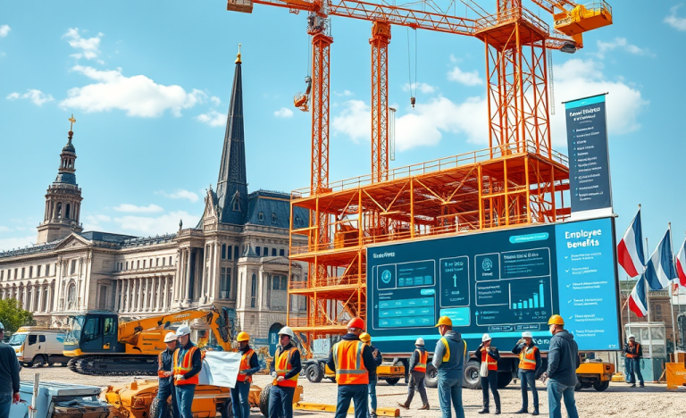 Une grande entreprise de construction moderne avec des employés travaillant sur des projets innovants.