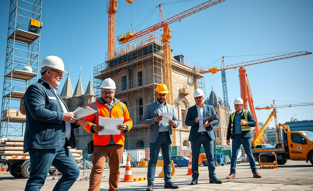 Travailleurs de la construction œuvrant sur un chantier avec des équipements modernes