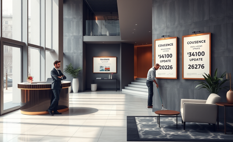 Vue d'un concierge travaillant à l'entretien d'un bâtiment, représentant les nouvelles augmentations salariales en 2024