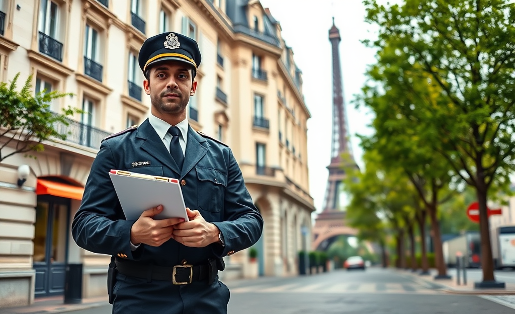 Image montrant un gardien surveillant une propriété avec professionnalisme et assurance, symbolisant la stabilité de l'emploi et des gains plus élevés.