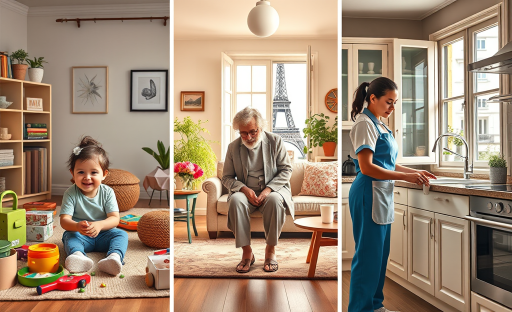 Une aide familiale s'occupe d'un enfant et d'une personne âgée à domicile