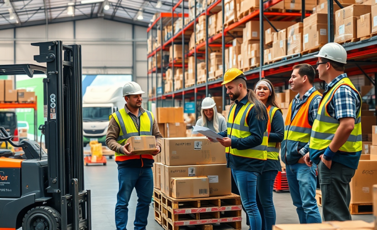 Image représentant un entrepôt moderne et dynamique avec des employés travaillant en équipe.