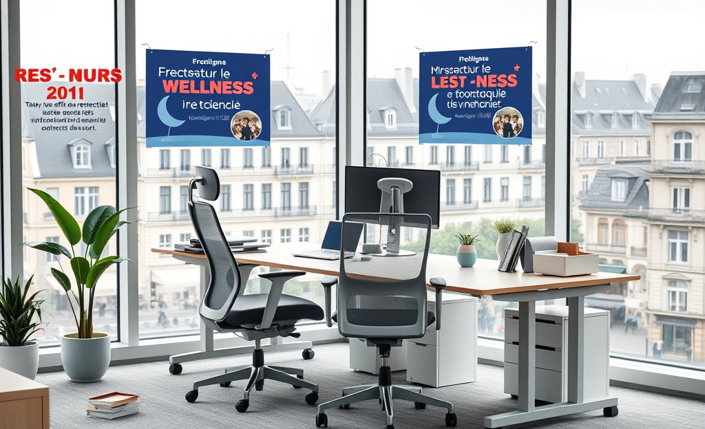 Image montrant un bureau ergonomique moderne avec technologie avancée.