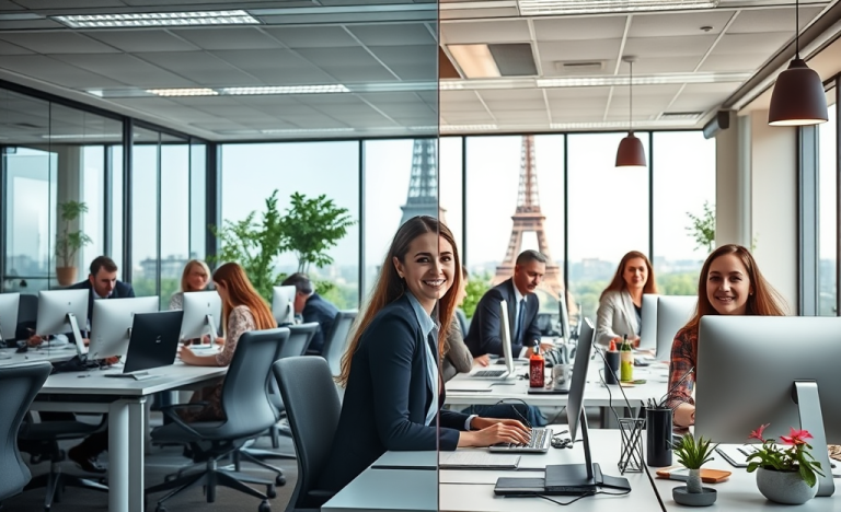 Personnes travaillant ensemble dans un bureau, illustrant les avantages sociaux et professionnels de cet environnement.