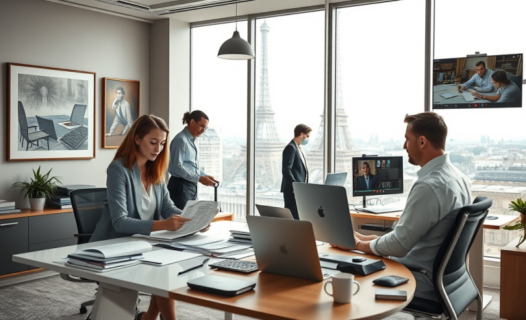 Image illustrant des professionnels travaillant dans le support administratif avec des documents et un ordinateur.