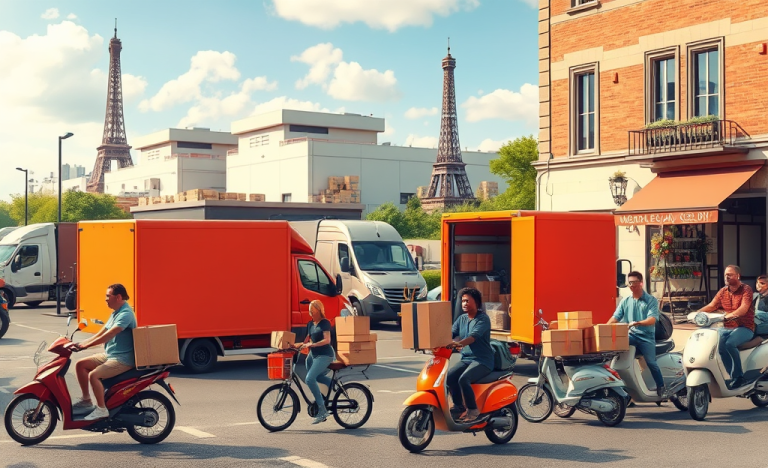 Une camionnette de livraison circulant en ville, symbolisant les opportunités dans le secteur de la logistique urbaine en France.