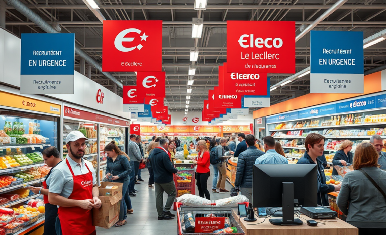 Une vue intérieure d'un supermarché E.Leclerc avec des employés en train de travailler