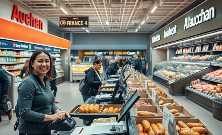 Personnes travaillant chez Auchan dans les secteurs de boulangerie et caisses