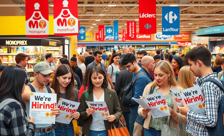 Illustration des principales chaînes de supermarchés en France recrutant activement du personnel.