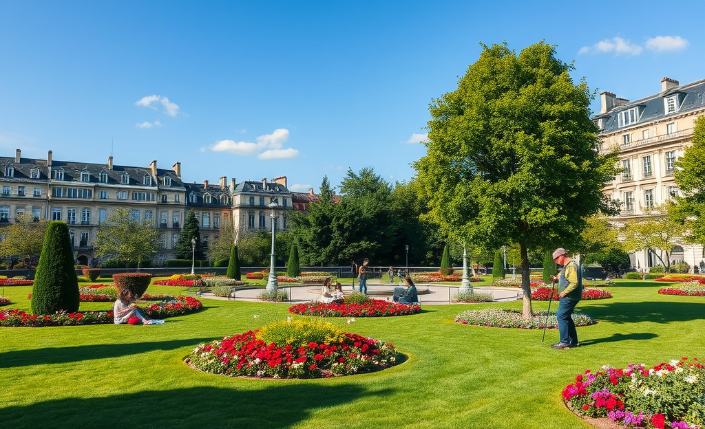 Exemple de parc entretenu par Idverde France, montrant un aménagement paysager durable et verdoyant