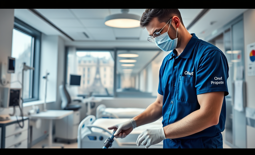 Agents de service Onet Propreté nettoyant un établissement de santé