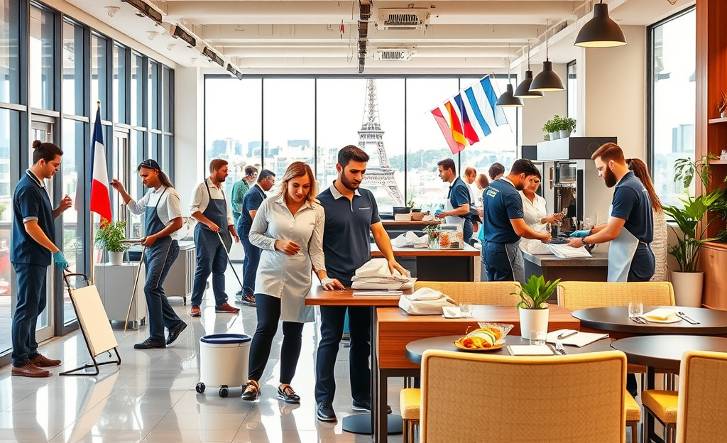 Vue d'une équipe travaillant dans le secteur du nettoyage industriel chez Elior Services