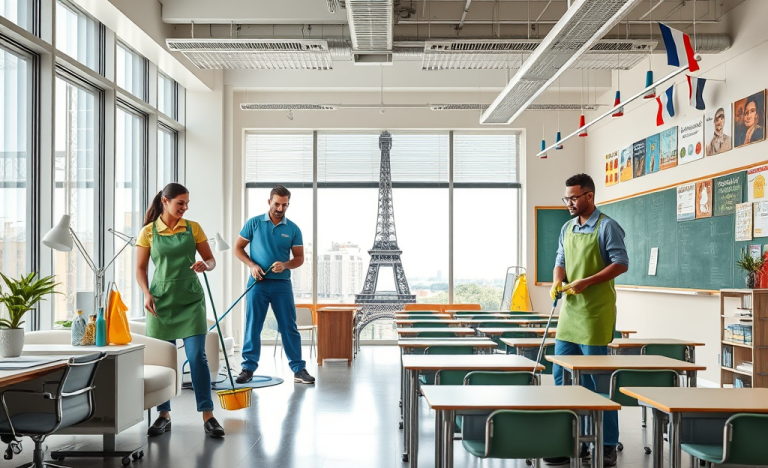 Travailleurs Derichebourg nettoyant des bureaux et des écoles