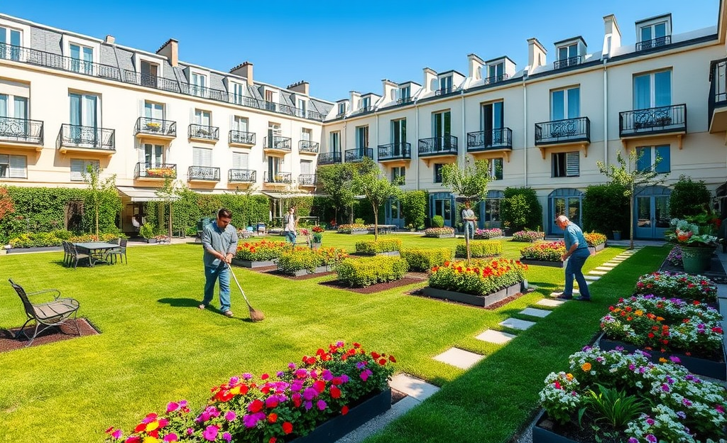 Services de jardinage de Derichebourg Multiservices pour copropriétés, incluant engazonnement et entretien des espaces verts.
