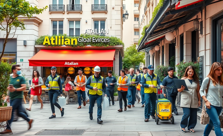 Image montrant des employés d'Atalian Global Services en action dans des rôles de conservation et de nettoyage