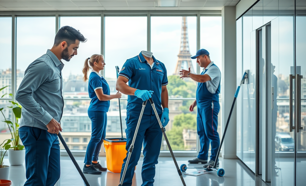 Image illustrant les emplois de conservation chez Atalian Global Services, montrant des agents d'entretien et techniciens en action.