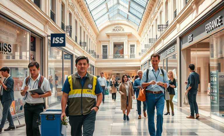 Personnes travaillant dans un centre commercial sous la gestion d'ISS France, assurant propreté et sécurité.