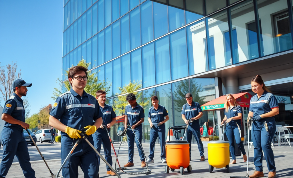Image montrant des professionnels de Vinci Facilities effectuant des services de nettoyage dans un bâtiment moderne.