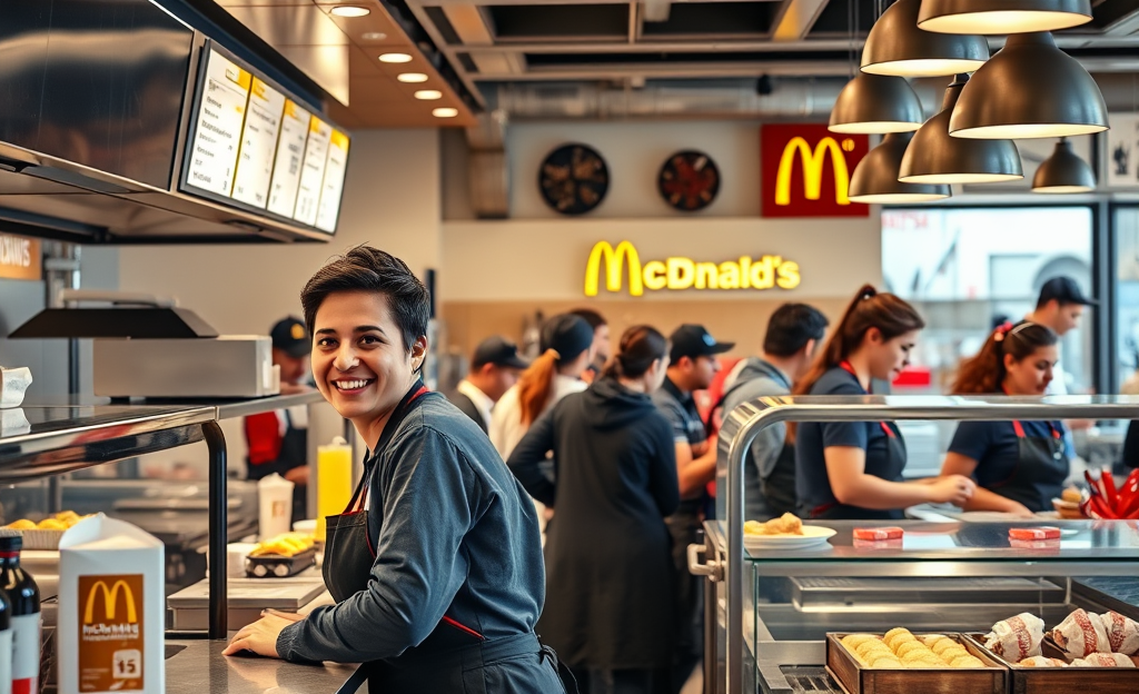Image de l'équipe dynamique travaillant chez McDonald's, combinant service et cuisine.