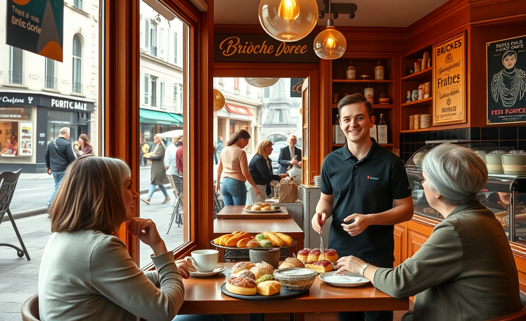Serveur souriant travaillant chez Brioche Dorée avec des clients satisfaits