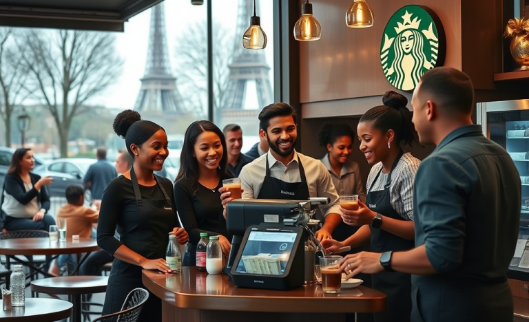 Un barista souriant préparant du café chez Starbucks