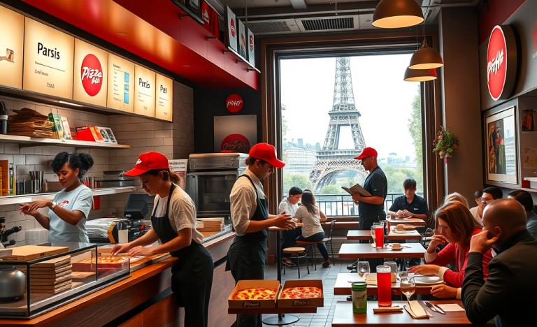 Employés de Pizza Hut travaillant en livraison et au comptoir