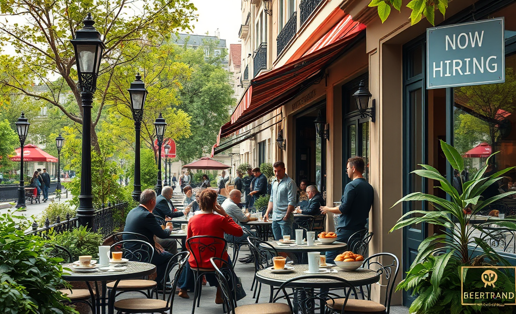Intérieur d'un bistrot animé du Groupe Bertrand avec un serveur en action