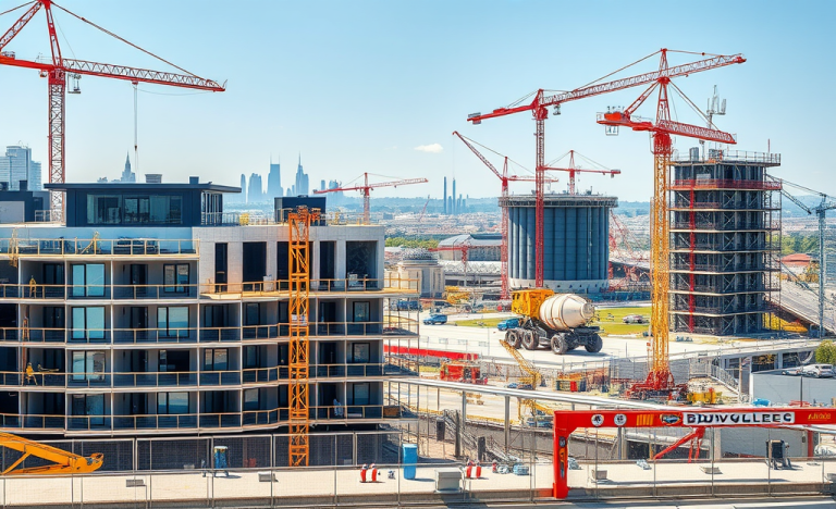Image représentant des travailleurs sur un chantier de Bouygues Construction, illustrant des projets résidentiels et industriels.