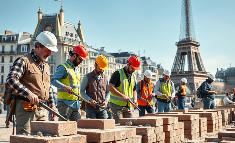 Image de maçons travaillant sur un projet de construction avec Eiffage.