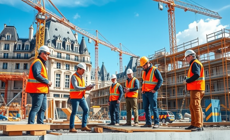 Travailleurs sur un chantier Spie Batignolles, montrant des structures en construction et des finitions en cours