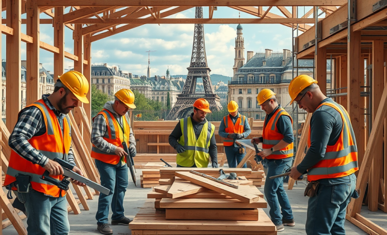 Charpentiers et aides travaillant sur un projet chez Fayat Group