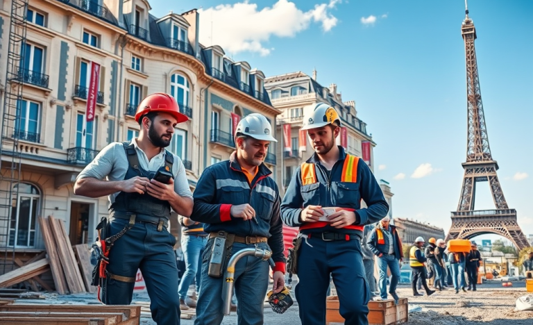 Des ouvriers de la construction travaillant sur un chantier en France.