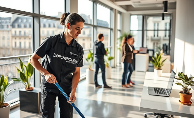 Agent d'entretien travaillant dans un environnement propre avec Derichebourg Multiservices.
