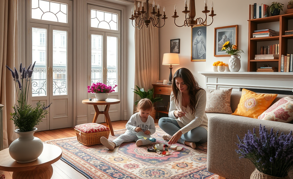 Image d'une nounou souriante jouant avec des enfants dans une maison privée.
