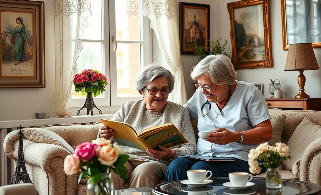 Personne âgée recevant une assistance personnalisée à domicile par un auxiliaire de vie