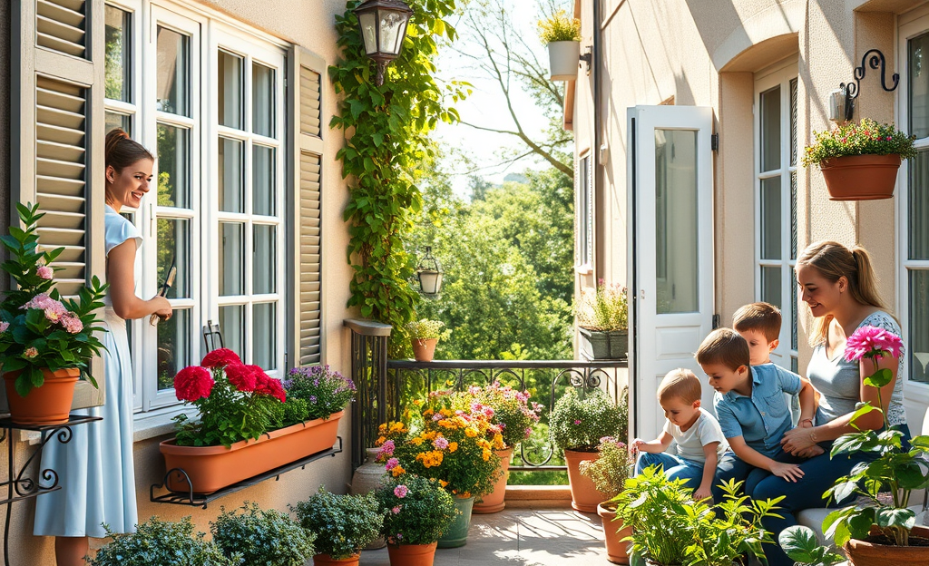 Illustration des services de Maison & Services pour les familles, incluant le ménage et le jardinage.