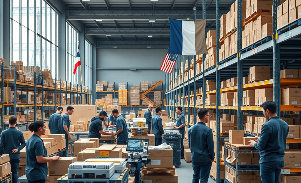 Employés travaillant dans un centre de distribution Amazon, impliqués dans des tâches de logistique et d'emballage.