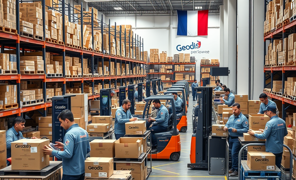 Personnes travaillant dans un entrepôt Geodis, gérant la logistique et préparant des commandes.