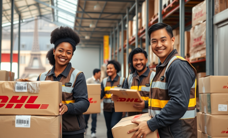 Employés travaillant dans un dépôt DHL avec des charges légères